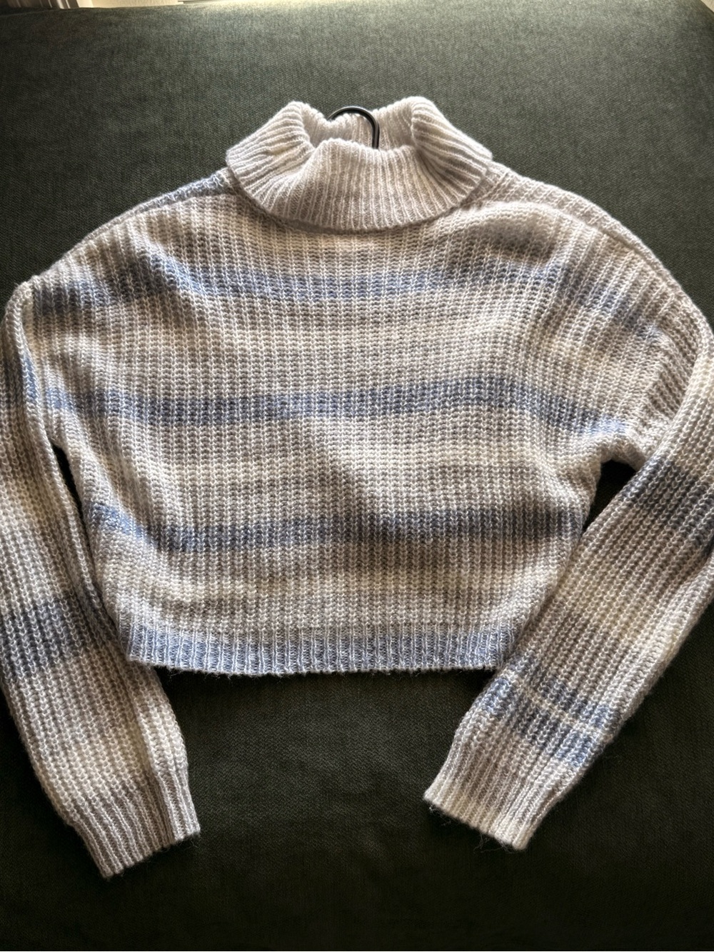 Cropped Fuzzy Knit Turtleneck Sweater Gray Blue Stripe XL